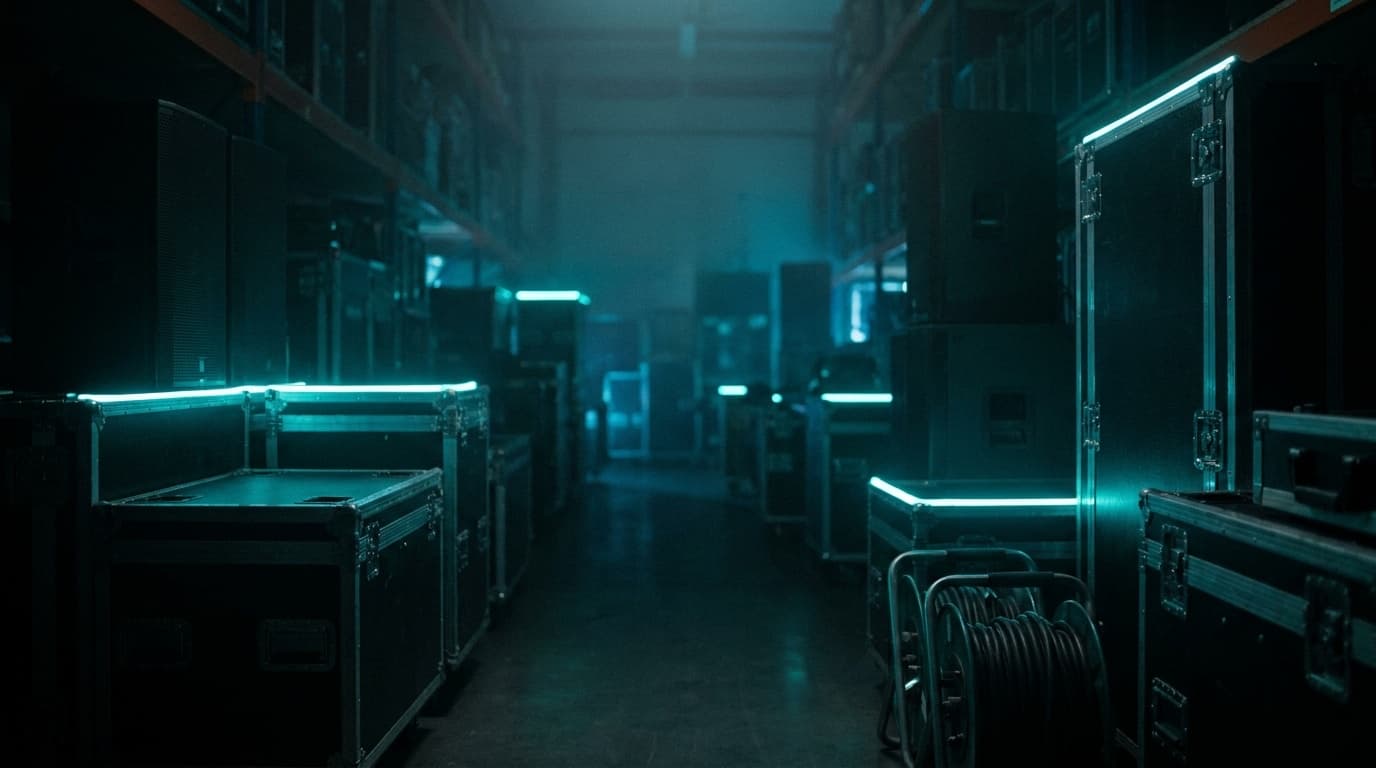 Rentbeat-magazijn: apparatuur klaargezet in flightcases